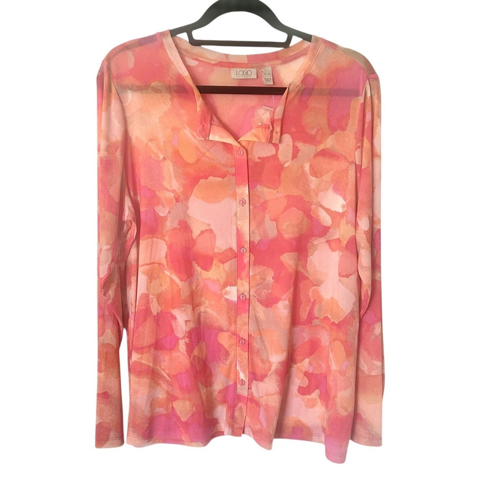 LOGO by Lori Goldstein Clarissa Watercolor Printed Mesh Cardigan Coral Floral XL